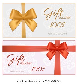 Voucher template with floral pattern, border, red and gold bow and ribbons. Design usable for gift coupon, voucher, invitation, certificate, diploma, ticket etc. Vector illustration