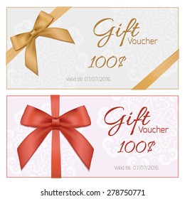 Voucher template with floral pattern, border, red and gold bow and ribbons. Design usable for gift coupon, voucher, invitation, certificate, diploma, ticket etc. Vector illustration