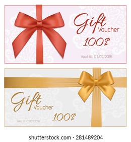 Voucher template with floral pattern, border, red and gold bow and ribbons. Design usable for gift coupon, voucher, invitation, certificate, diploma, ticket etc. Vector illustartion