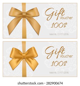 Voucher template with floral pattern, border, red and gold bow and ribbons. Design usable for gift coupon, voucher, invitation, certificate, diploma, ticket etc. Vector illustration