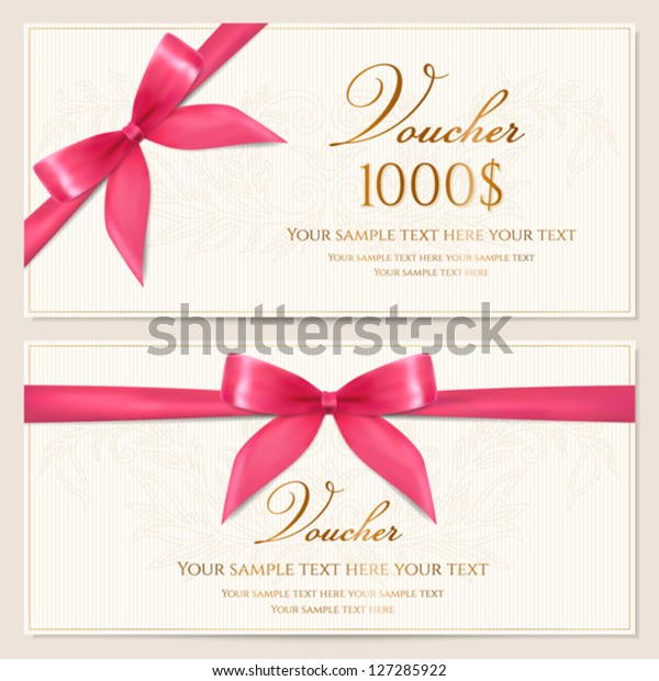 Voucher
template with floral pattern, border and red bow (ribbons). Design
usable for gift coupon, voucher, invitation, certificate, diploma,
ticket etc. Corrugated background.
Vector
