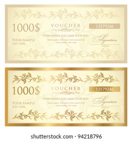 Voucher template with floral pattern. This design usable for gift voucher, coupon, diploma, certificate, ticket or different awards. Vector illustration in golden and vintage colors