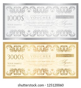 Voucher Template With Floral Pattern, Watermark And Border . Design Usable For Gift Voucher, Coupon, Diploma, Certificate, Ticket Or Different Awards. Vector Illustration In Golden And Silver Colors