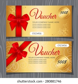 Gutscheinvorlage, Geschenkgutschein, Gutscheinvorlage mit Schleife und Bändern. Premium goldener Hintergrund und rotes Band.