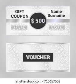 Voucher template, gift coupon, discount banner, silver, metallic decoration, geometric background. Vector illustration