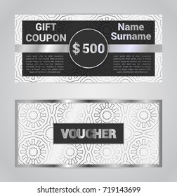 Voucher template, gift coupon, discount banner, silver, metallic decoration, geometric background. Vector illustration