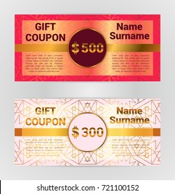 Voucher template, gift coupon, discount banner, golden, metallic decoration, geometric background. Vector illustration