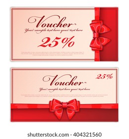 Voucher template. Gift coupon with red ribbon and red bow elegant design. Red luxury elements on elegant gift voucher template vector design. Two isolated side gift banner. 