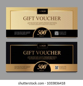 Voucher template with gold and black certificate. Background design coupon, invitation, currency. Set of stylish gift voucher, pattern, gift card, coupon,VIP and invite.