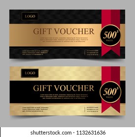 Voucher template with gold black and red ribbon. Background design coupon, invitation, currency. Set of stylish gift voucher, pattern, gift card, coupon,VIP and invite.