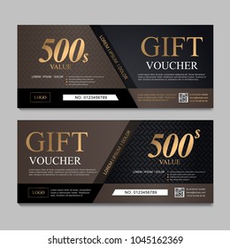 Voucher template with gold and brown certificate. Background design coupon, invitation, currency. Set of stylish gift voucher with golden pattern. gift card, coupon.Isolated from the background.