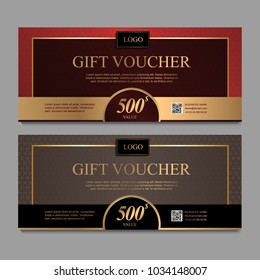 Voucher template with gold and certificate. Background design coupon, invitation, currency. Set of stylish gift voucher brown and red pattern. gift card, coupon.Isolated from the background.