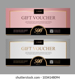 Voucher template with gold and certificate. Background design coupon, invitation, currency. Set of stylish gift voucher pink and gray pattern. gift card, coupon.Isolated from the background.