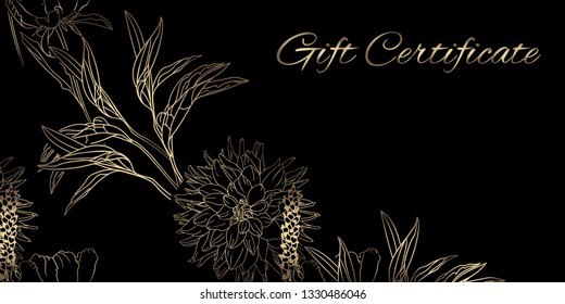 Voucher template with gold, certificate. Background design coupon, invitation, currency. Luxury black  background with hand drawn floral elegant elements. Vector