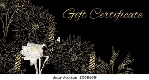 Voucher template with gold, certificate. Background design coupon, invitation, currency. Luxury black  background with hand drawn floral elegant elements. Vector