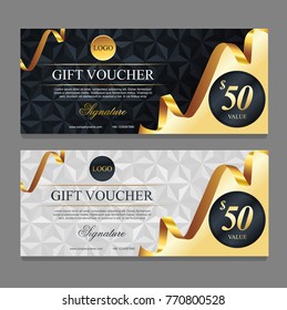 Voucher template with gold  certificate. Background design coupon, invitation, currency. Set of stylish gift voucher with golden ribbon pattern. gift card, coupon.Isolated from the background.