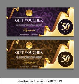 Voucher template with gold certificate. Background design coupon, invitation, currency. Set of stylish gift voucher with golden ribbon pattern. gift card, coupon. Isolated from the background.