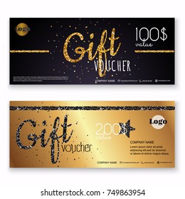 Voucher template with gold gift box, certificate. Background design coupon, invitation, currency. Vector illustration.