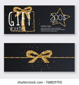 Voucher template with gold gift box, certificate. Background design coupon, invitation, currency. Vector illustration.