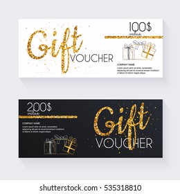 Voucher template with gold gift box,certificate. Background design coupon, invitation, currency. Vector illustration.
