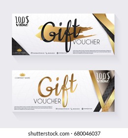 Voucher template with gold gift box,certificate. Background design coupon, invitation, currency. Vector illustration.