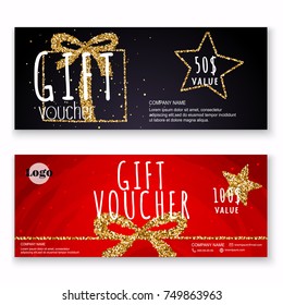 Gutscheinvorlage mit goldenem Geschenkbox, Zertifikat. Hintergrunddesign-Coupon, Einladung, Währung. Vektorgrafik.