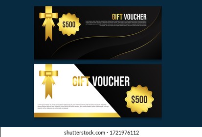 Voucher template with gold ribbon,certificate. Background design coupon, invitation, currency. Vector illustration.