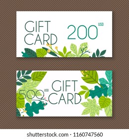 Voucher template with green gift box,certificate. Background design coupon, invitation, currency. Vector illustration.