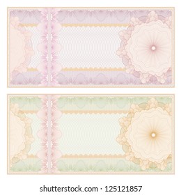 Voucher template with guilloche pattern (watermarks) and border. This background usable for banknote, gift voucher, coupon, diploma, certificate or check. Vector illustration