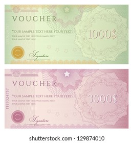 Voucher template with guilloche pattern (watermarks) and border. This background design usable for gift voucher, coupon, banknote, certificate, diploma, check, currency etc. Vector illustration