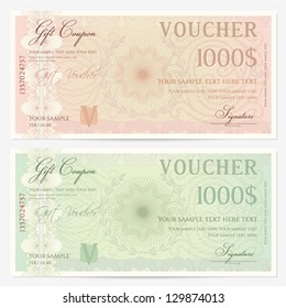 Voucher template with guilloche pattern (watermarks) and border. Background design usable for gift voucher, coupon, banknote, certificate, diploma, check, currency etc. Vector in green, beige colors