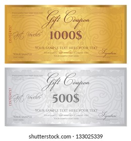 Voucher template with guilloche pattern (watermarks) and border. Background design usable for gift coupon, banknote, certificate, diploma, currency, check etc. Vector in golden and silver colors