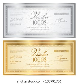 Voucher template with guilloche pattern (watermarks) and border. Background for gift certificate, coupon, banknote, money design, currency, note, check etc.  Vector in gold and silver colors