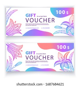 Voucher template multicolored vibrant ornamental lilies on white background. Value 100 dollars for department stores, business. shops, feminine goods