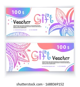 Voucher template multicolored vibrant ornamental lilies on white background. Value 100 dollars for department stores, business. shops, feminine goods