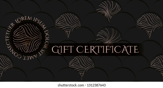 Voucher template with pink-gold and certificate. Background design coupon, invitation, currency. Luxury black tiled background with hand drawn elegant elements. Vector