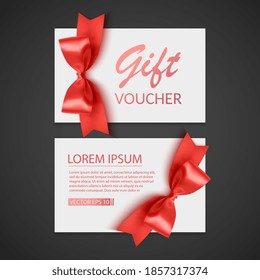 Plantilla de cupón con arco rojo, cintas. Diseño utilizable para cupón de regalo, cupón, invitación, certificado, etc. Vector eps 10 ilustración