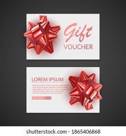 Voucher template with red bow, ribbons. Design usable for gift coupon, voucher, invitation, certificate, etc. Vector eps 10 illustration