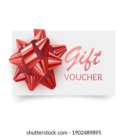 Voucher template with red bow, ribbons. Design usable for gift coupon, voucher, invitation, certificate, etc. Vector eps 10 illustration