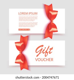 Voucher template with red bow, ribbons. Design usable for gift coupon, voucher, invitation, certificate, etc. Vector eps 10 illustration