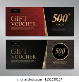 Voucher template with red gold brown and black certificate. Background design coupon, invitation, currency. Set of stylish gift voucher, pattern, gift card, coupon,VIP and invitation.