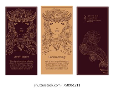 Voucher template for tea (coffee) shop and cafe. Vector flyer. Vertical banner: girl with owl feathers, which is waking up  from the aroma of the drink; cup of coffee. The front and the reverse side.