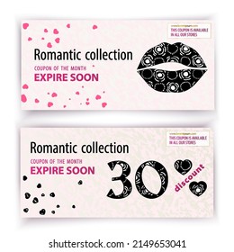 Voucher template. Value 30 percent discount in department stores, sale for romantic holidays. Black lips with hand made pattern. Vector illustration.