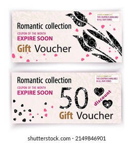 Voucher template. Value 50 percent discount in department stores, sale for romantic holidays. Black tulips with hand made pattern. Vector illustration.