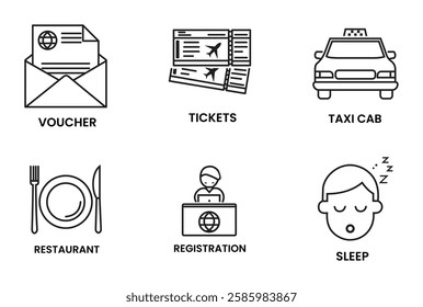 voucher, tickets, taxi cab, restaurant, registration and sleep icon set