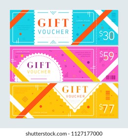 Voucher vector. Trendy set of discount gift voucher card or gift certificate template. Promo vector coupon of discount  special offer. Colorful voucher card template elegant  vector design. 