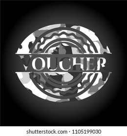 Voucher written on a grey camouflage texture
