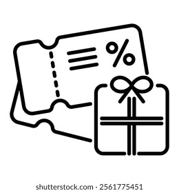 Vouchers alongside gifts, symbolizing rewards, promotions, and special offers round line vector icon with editable stroke