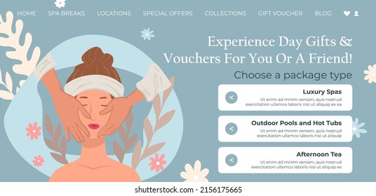 Vouchers and day gifts for spa salon relaxation and treatment for women. Luxury procedures and outdoor pools, hot tubs and tea. Website landing page template, online site. Vector in flat style