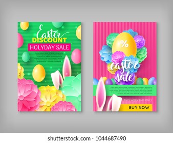 Vouchers easter sale discount. Two banners, holiday event in pink and green colors with eggs, bunny and flowers. Vector illustration